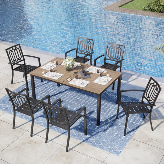 Captiva Designs 7pc Patio Dining Driftwood Finished Rectangle Steel Table & Metal Arm Chairs