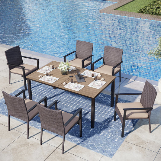 Captiva Designs 7pc Patio Wood-look Rectangle Dining Table & Rattan Chairs with Removable Cushions