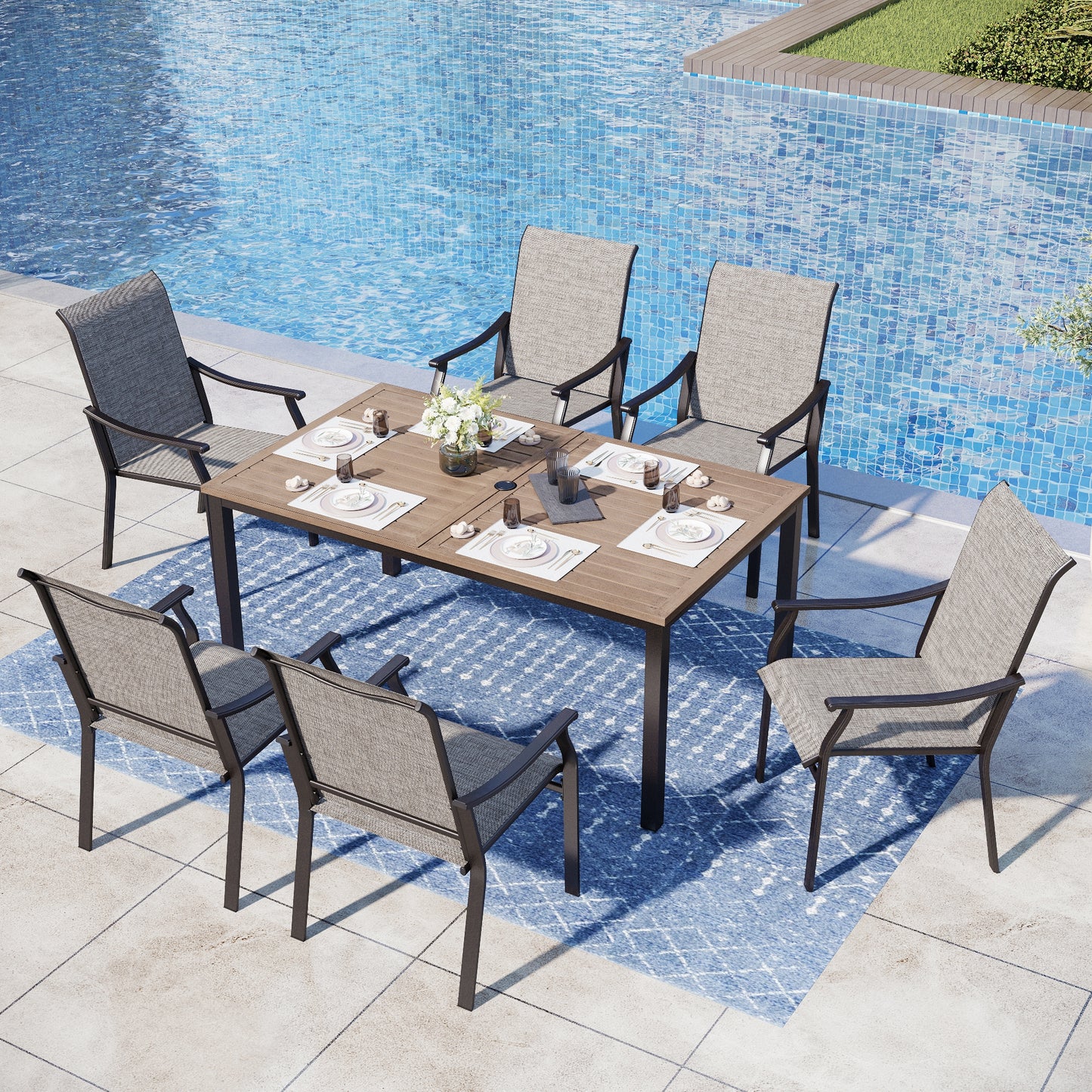 Captiva Designs 7pc Outdoor Patio Black Steel Dining Table & Brown Textilene Arm Chairs