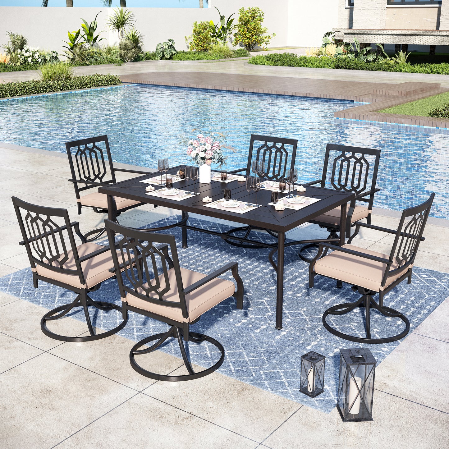 Captiva Designs 7pc Patio Dining Set with Geometric Pattern Rectangular Table & Metal Arm Chairs