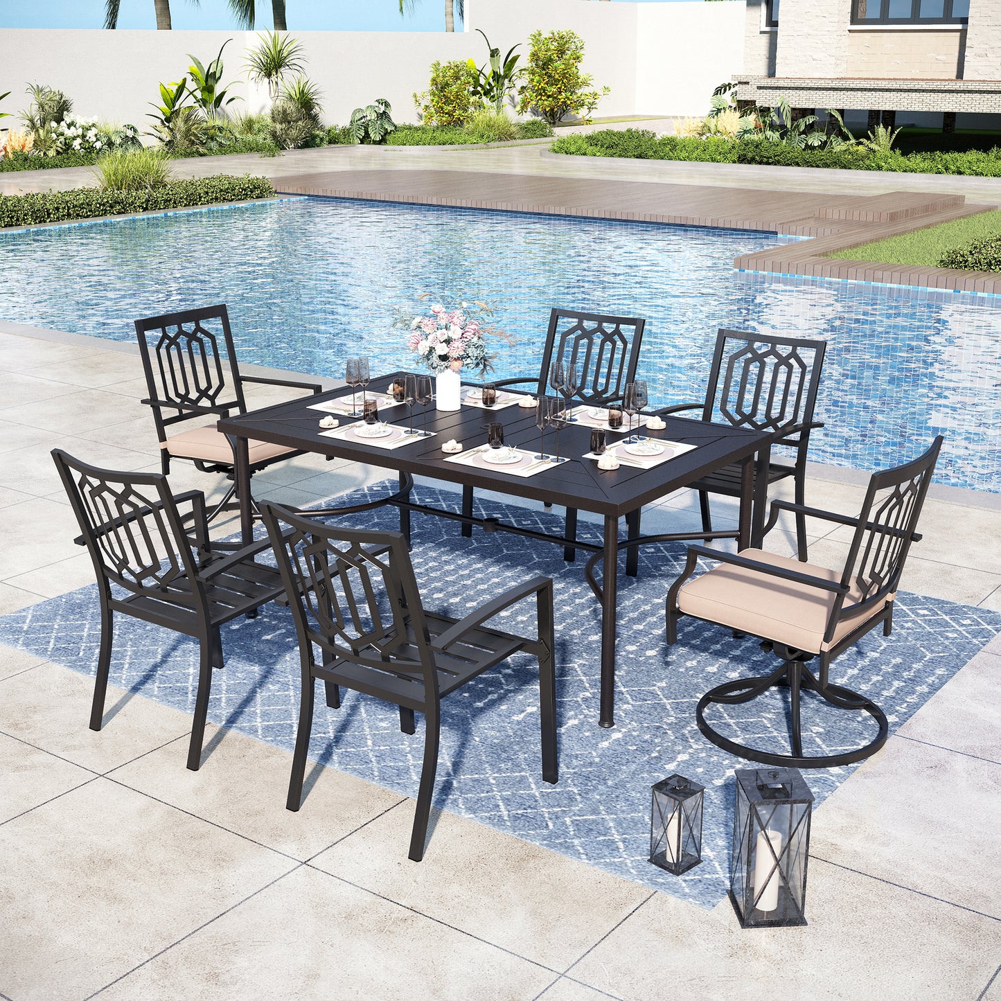 Captiva Designs 7pc Patio Dining Set with Geometric Pattern Rectangular Table & Metal Arm Chairs