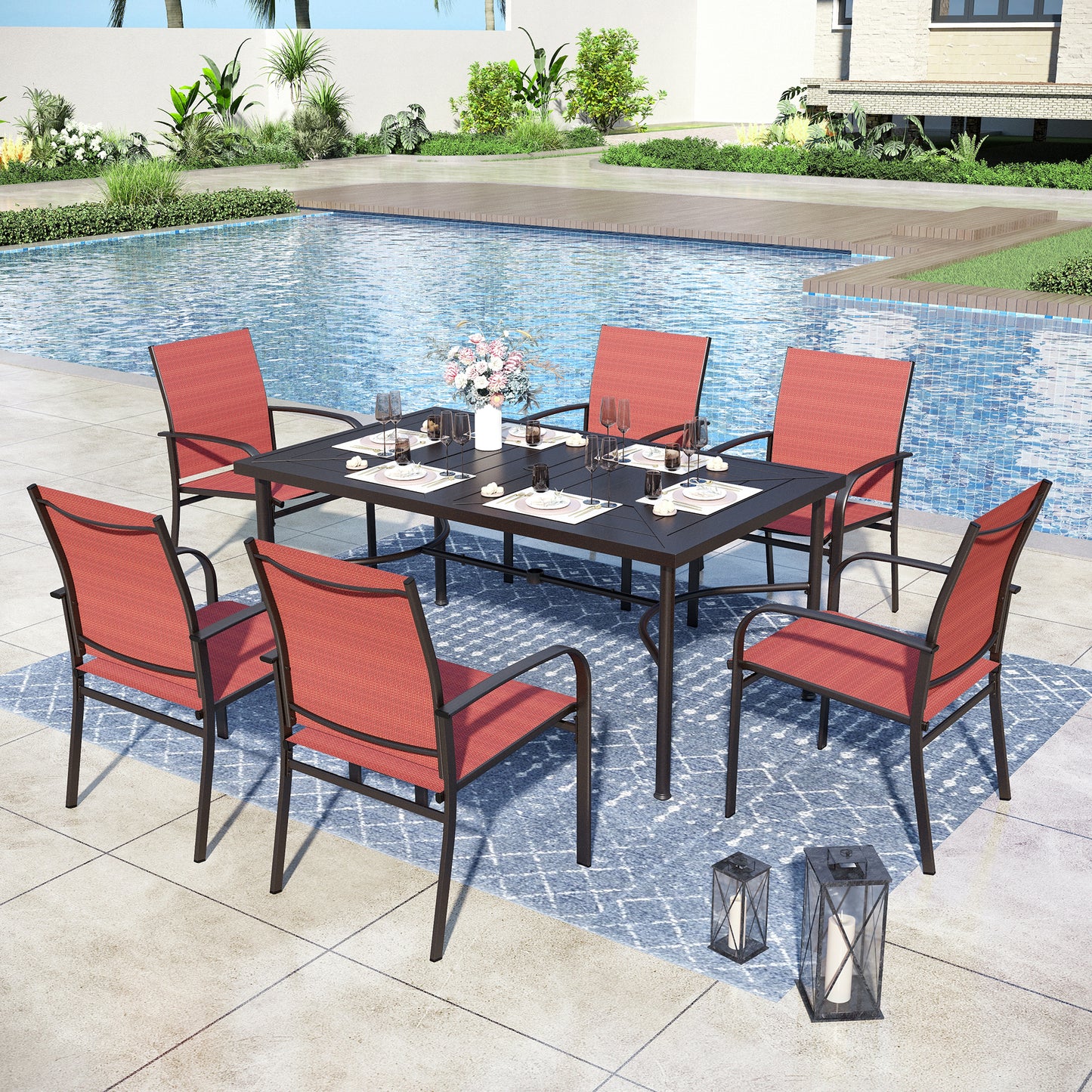 Captiva Designs 7pc Outdoor Patio Geometric Pattern Rectangular Steel Dining Table & Sling Fixed Chairs