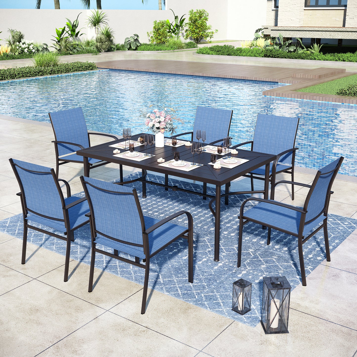Captiva Designs 7pc Outdoor Patio Geometric Pattern Rectangular Steel Dining Table & Sling Fixed Chairs