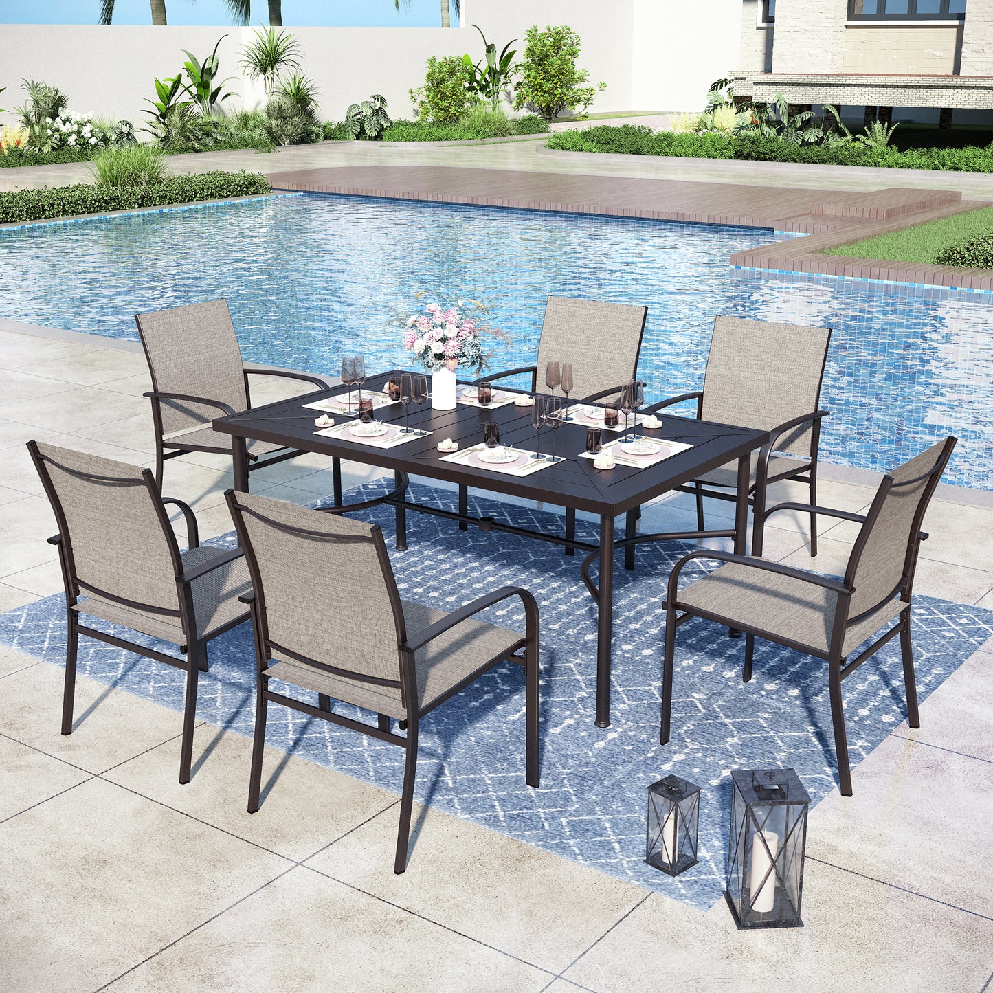 Captiva Designs 7pc Outdoor Patio Geometric Pattern Rectangular Steel Dining Table & Sling Fixed Chairs