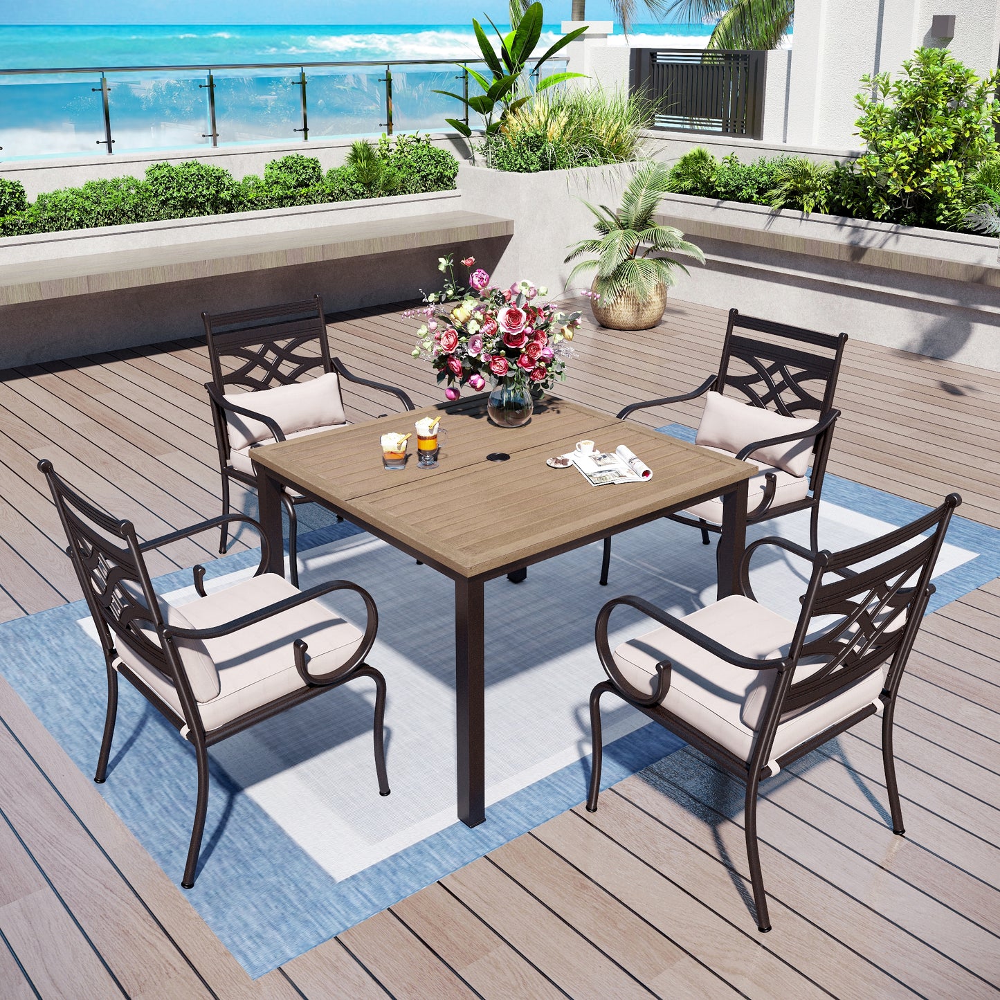 Captiva Designs 5pc Outdoor Dining Table & Metal Chairs with Thick Seat & Back Cushions