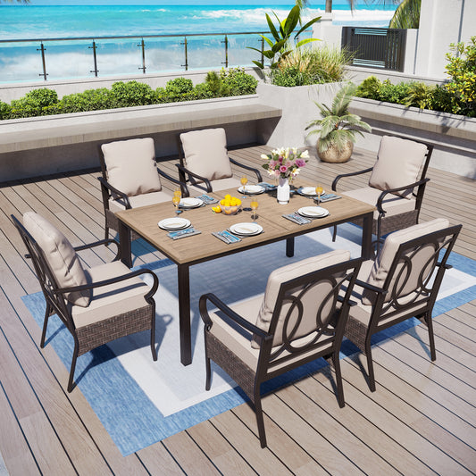 Captiva Designs 7pc Outdoor Taupe Wood-look Rectangle Steel Dining Table & Rattan Metal Arm Chairs