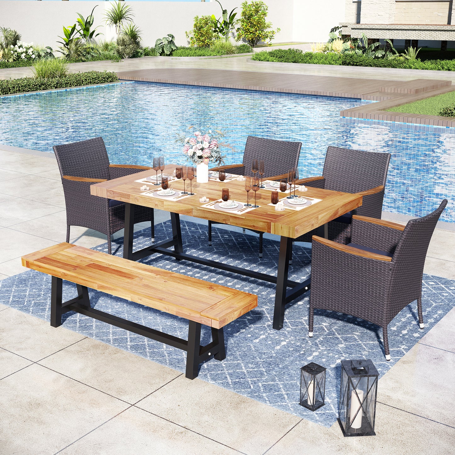Captiva Designs Patio Dining Polyrattan Chairs with Steel Armrests and Wooden Wicker Back