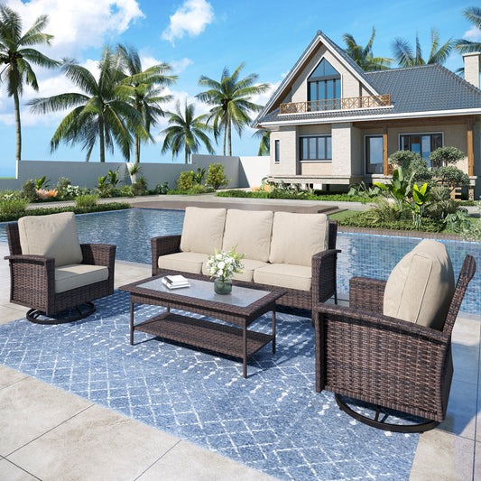 Captiva Designs 4pc Oversized Patio Outdoor Wicker Furniture Conversation Sofa Set with Coffee Table for Garden Yard Porch