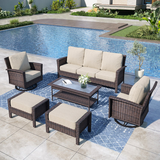 Captiva Designs 6pc Oversized Patio Outdoor Wicker Furniture Conversation Sofa Set with Coffee Table and Ottoman for Garden Yard Porch