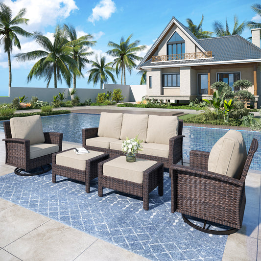 Captiva Designs 5PC Oversized Patio Outdoor Wicker Furniture Conversation Sofa Set with Ottomans for Garden Yard Porch