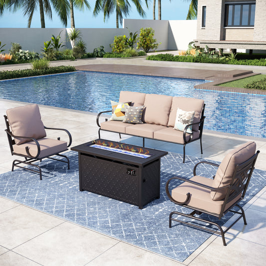 Captiva Designs 4pc Extra Large Metal Outdoor Patio Fire Pit Set with Rocking Pattern-back Chairs