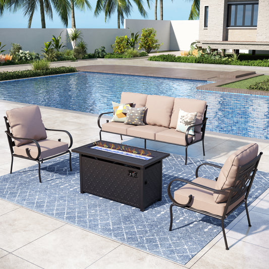 Captiva Designs 4pc Extra Large Metal Outdoor Patio Fire Pit Set with Pattern-back Chairs