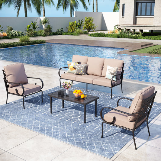 Captiva Designs 4pc Extra Large Metal Outdoor Patio Conversation Set with Pattern-back Chairs and Coffee Table