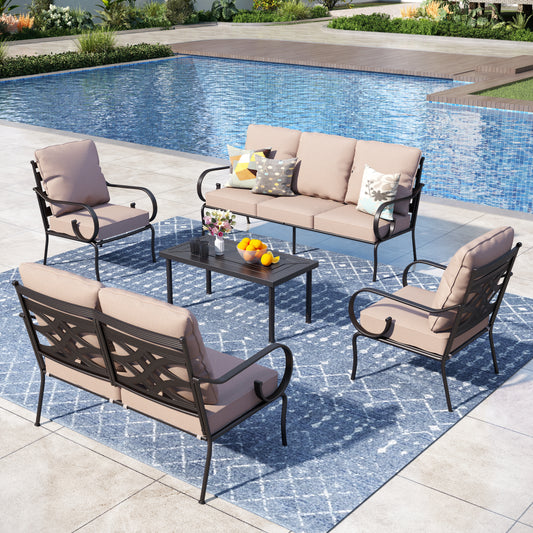 Captiva Designs 6pc Extra Large Metal Outdoor Patio Conversation Set with Pattern-back Chairs and Loveseat