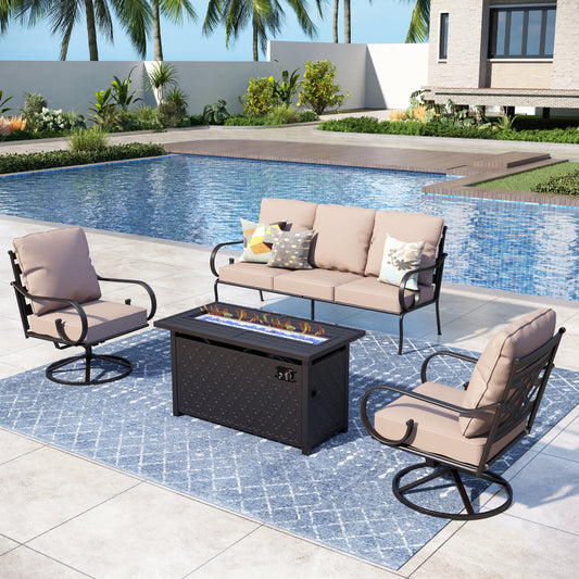 Captiva Designs 4pc Extra Large Metal Outdoor Patio Fire Pit Set with Swivel Pattern-back Chairs