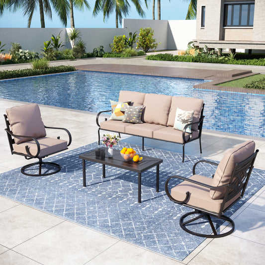 Captiva Designs 4pc extra large metal outdoor patio conversation set with swivel pattern-back chairs and coffee table