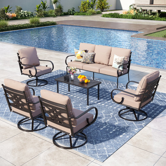 Captiva Designs 6pc Extra Large Metal Outdoor Patio Conversation Set with Swivel Pattern-back Chairs and Coffee Table