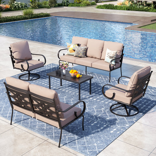 Captiva Designs 6pc extra large metal outdoor patio conversation set with four swivel pattern-back chairs and loveseat