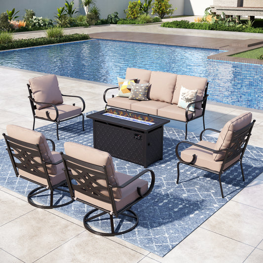 Captiva Designs 6pc Extra Large Metal Outdoor Patio Fire Pit Set with Swivel Pattern-back Chairs