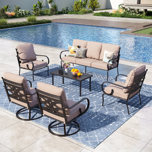 Captiva Designs 6pc Extra Large Metal Outdoor Patio Conversation Set with Swivel Pattern-back Chairs and Coffee Table