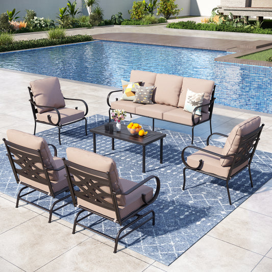 Captiva Designs 6pc Extra Large Metal Outdoor Patio Conversation Set with Rocking Pattern-back Chairs and Coffee Table