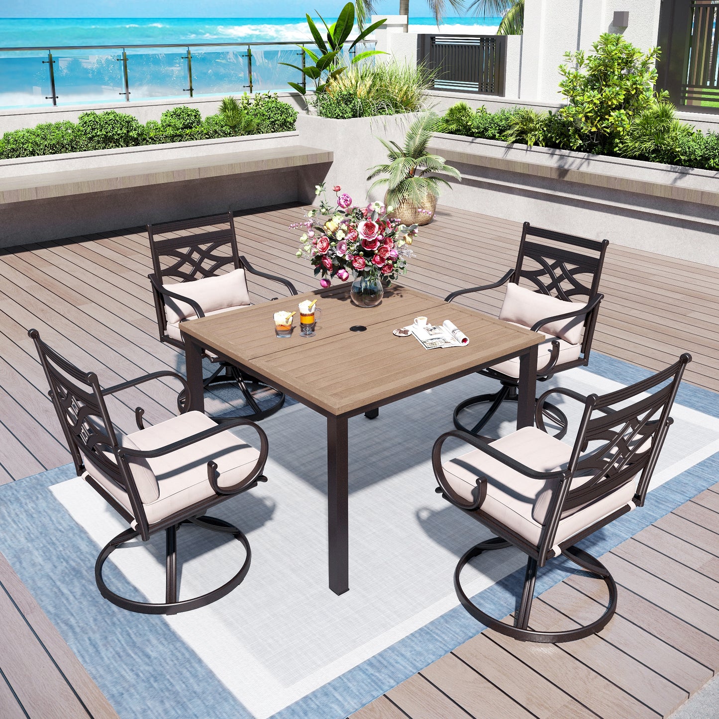 Captiva Designs 5pc Outdoor Dining Table & Metal Chairs with Thick Seat & Back Cushions