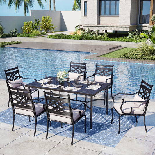 Captiva Designs 7pc Patio Dining Black Rectangular Table with Umbrella Hole & Metal Chairs with Seat Cushions and Waist Pillows