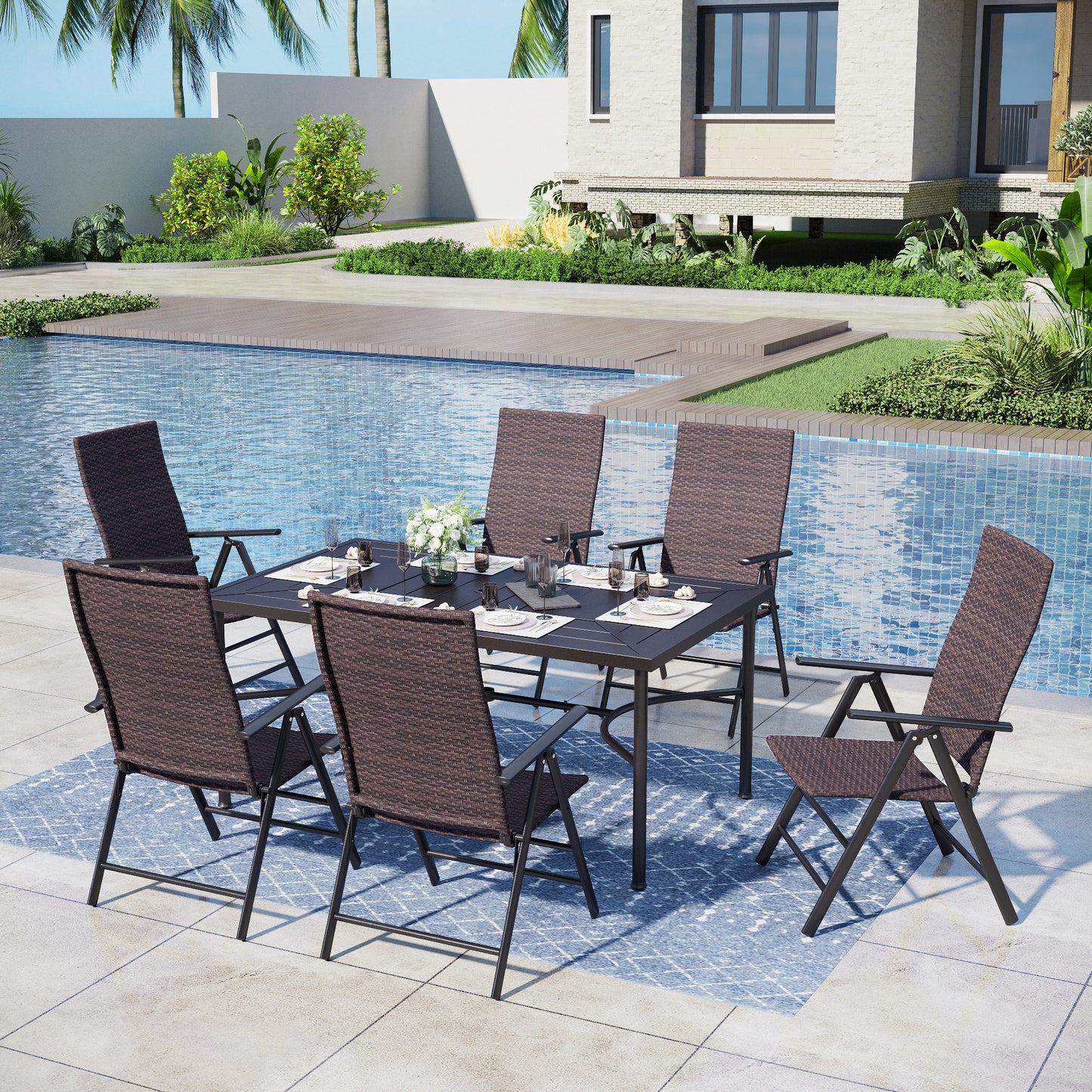 Captiva Designs 7pc Outdoor Patio Slat-top Rectangle Dining Steel Table & Armrest Chairs
