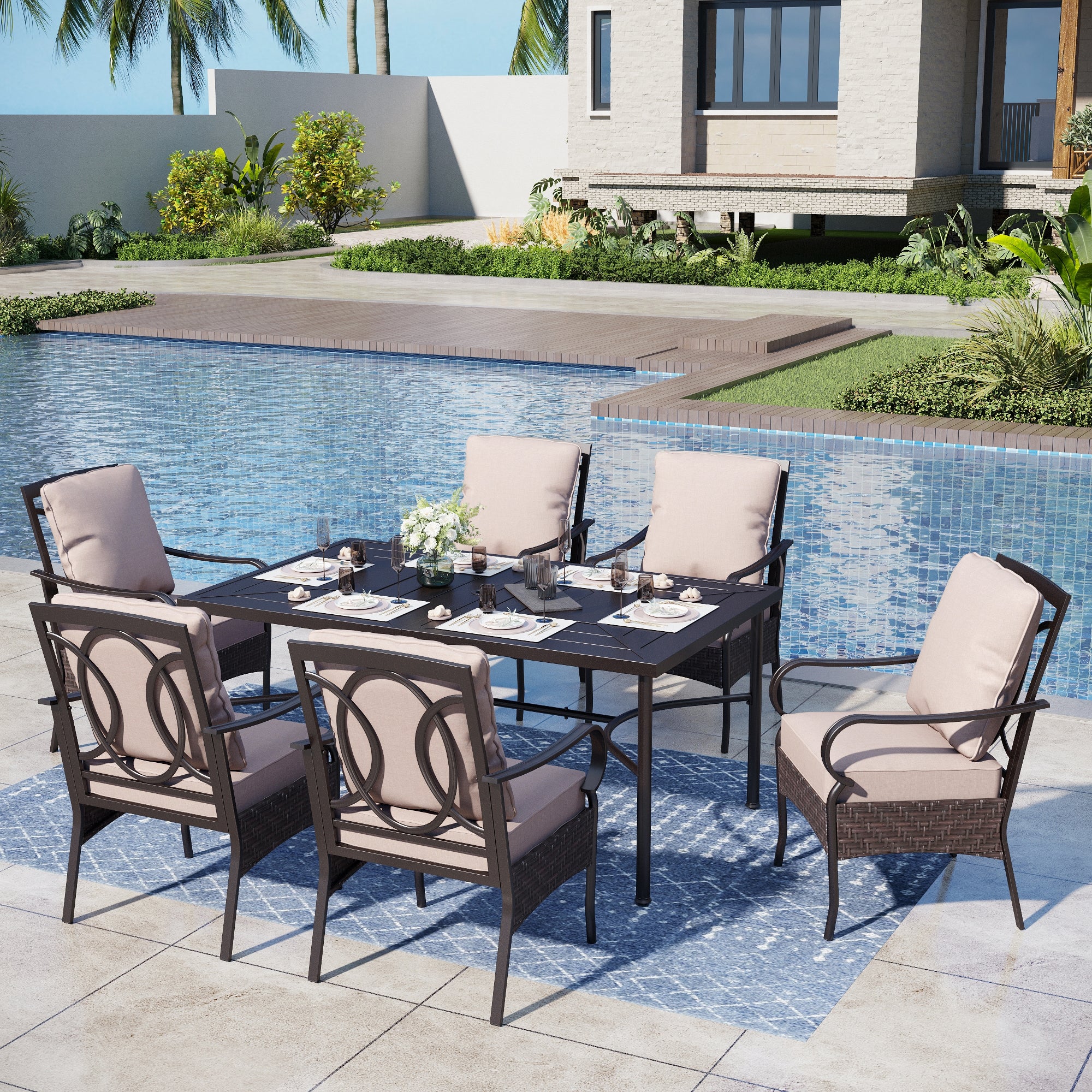 Nectar Table Captiva Designs 7pc Patio Dining Set with Rectangle Steel Table & Ratt ...