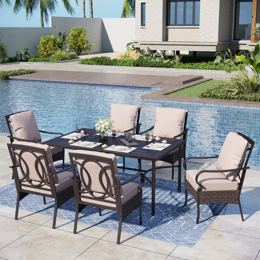 Captiva Designs 7pc Patio Dining Set with Rectangle Steel Table & Rattan Metal Arm Chairs