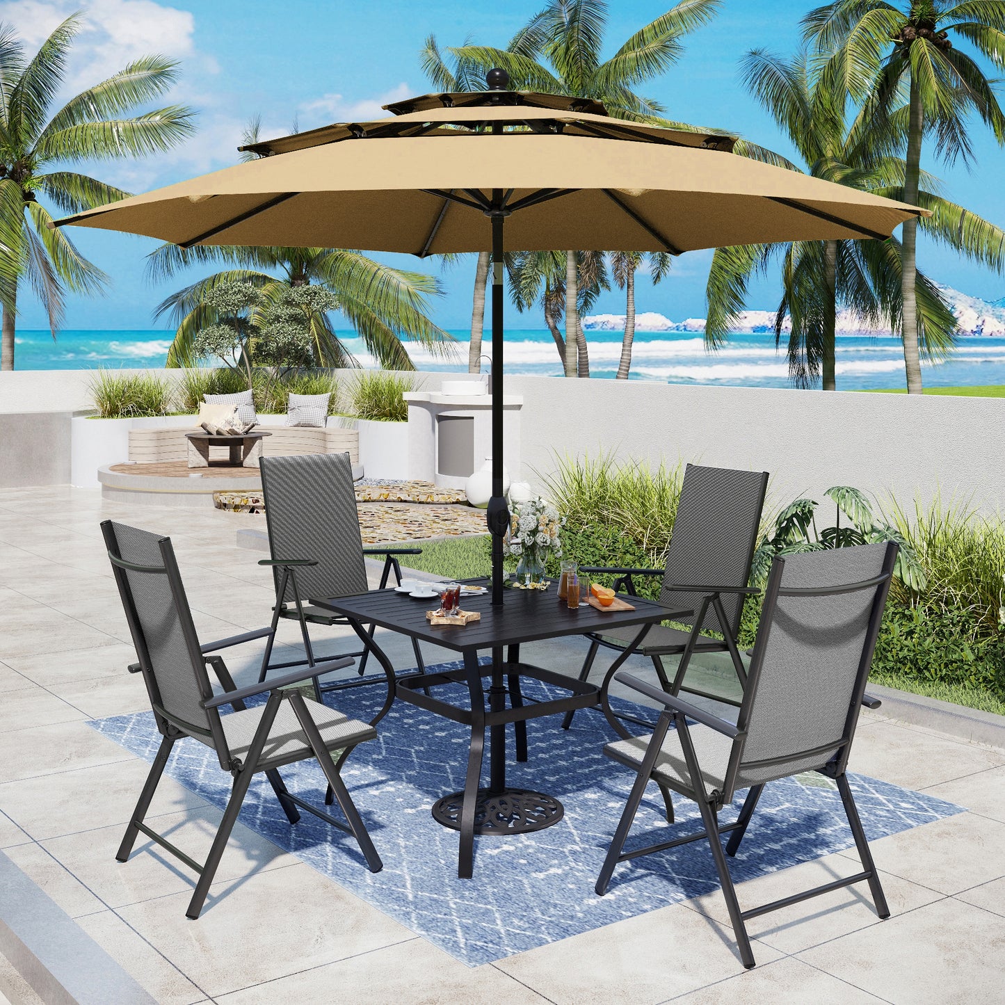 Captiva Designs 6pc Patio Slat-top Square Table & Textilene Reclining Foldable Chairs & Market Umbrella