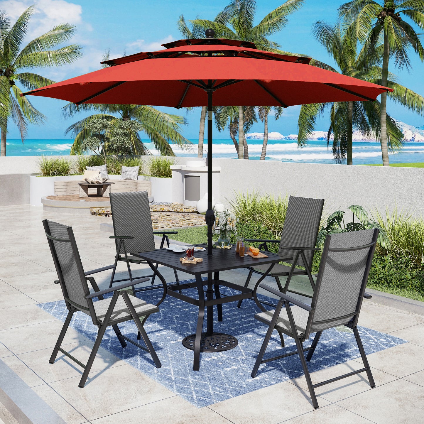 Captiva Designs 6pc Patio Slat-top Square Table & Textilene Reclining Foldable Chairs & Market Umbrella