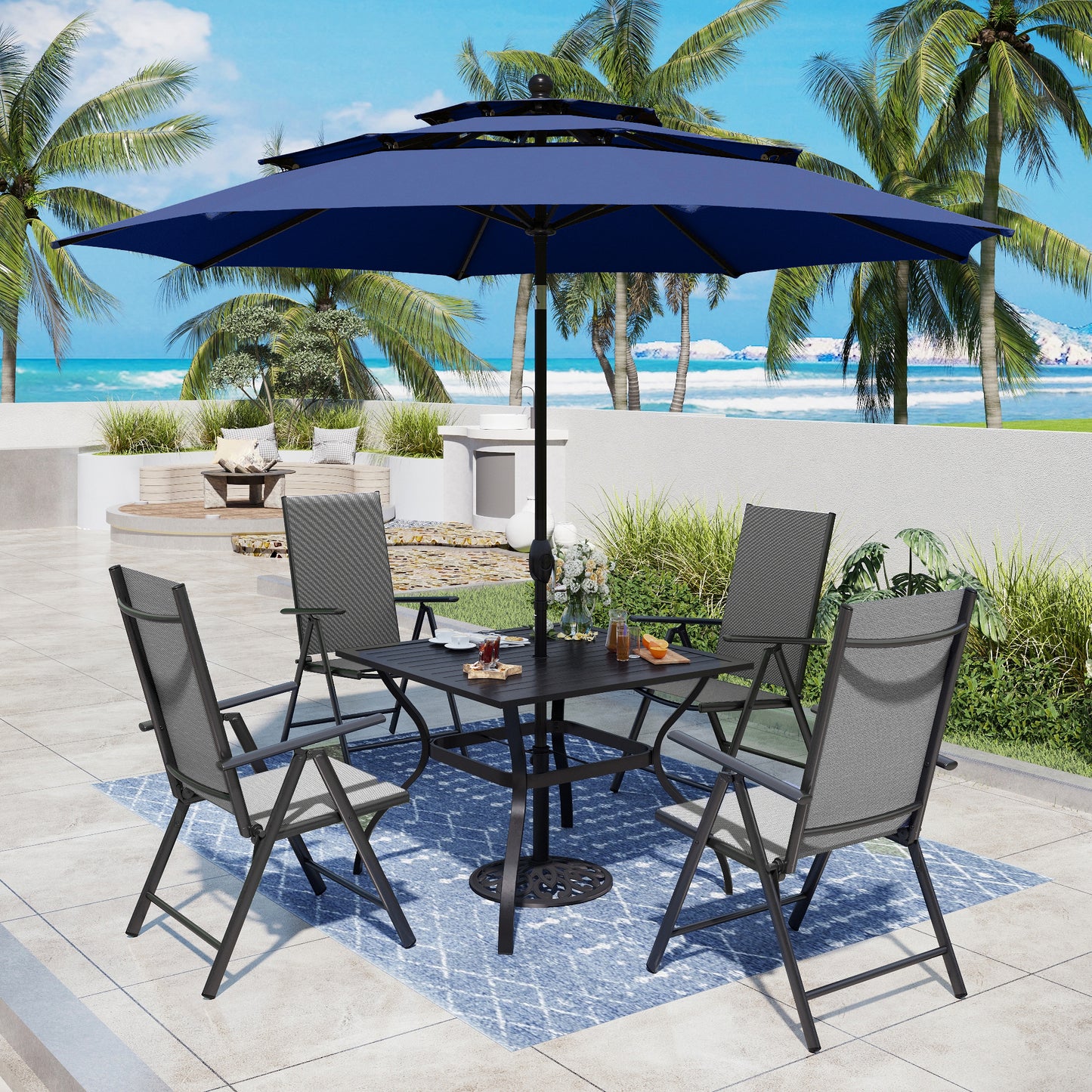 Captiva Designs 6pc Patio Slat-top Square Table & Textilene Reclining Foldable Chairs & Market Umbrella