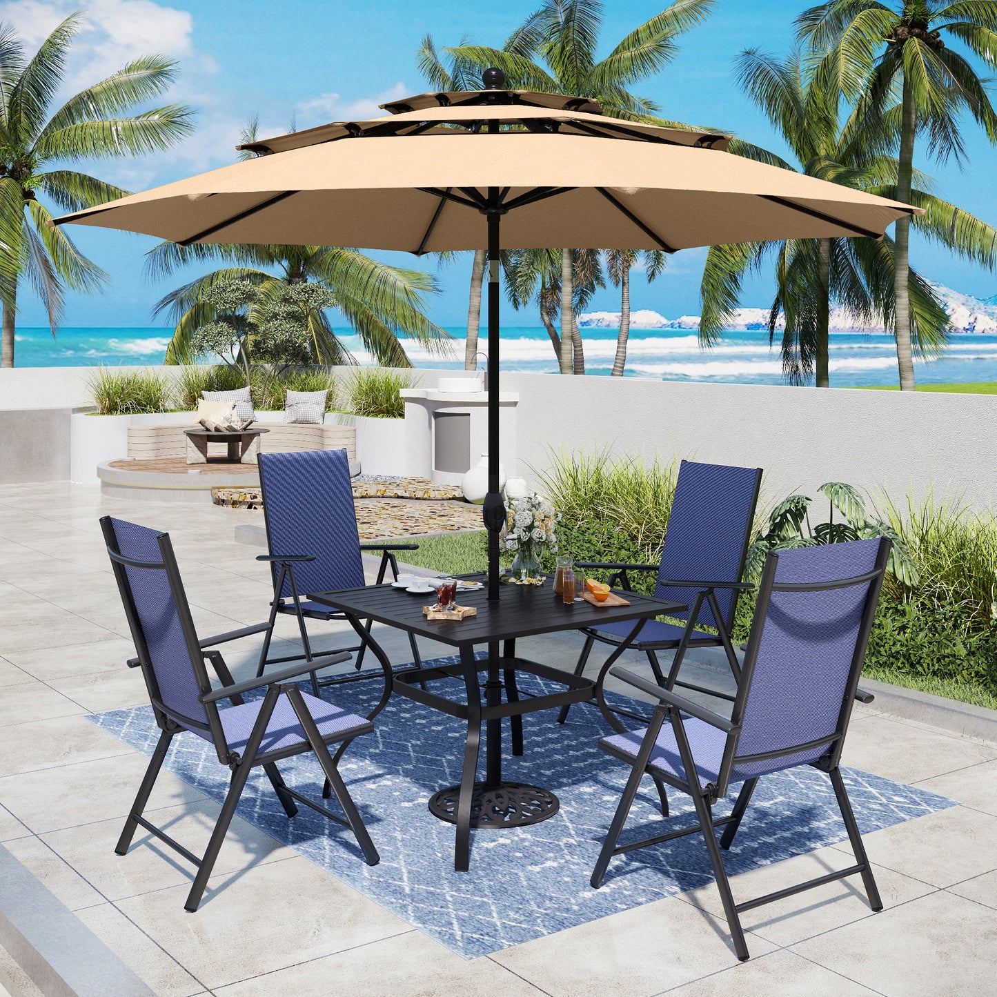 Captiva Designs 6pc Patio Slat-top Square Table & Textilene Reclining Foldable Chairs & Market Umbrella