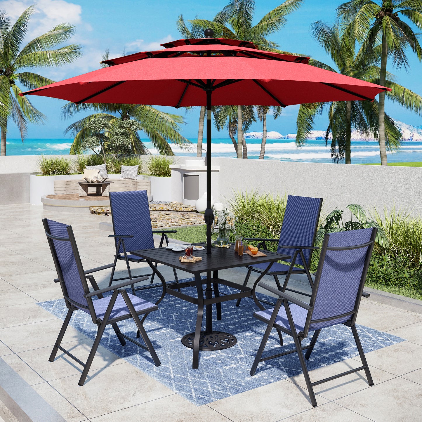 Captiva Designs 6pc Patio Slat-top Square Table & Textilene Reclining Foldable Chairs & Market Umbrella