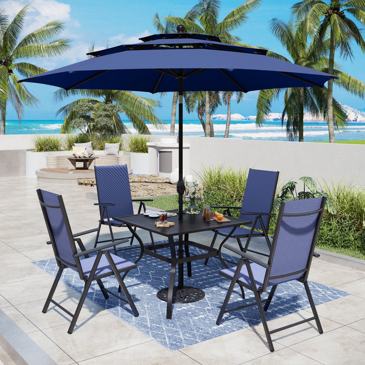 Captiva Designs 6pc Patio Slat-top Square Table & Textilene Reclining Foldable Chairs & Market Umbrella
