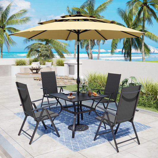 Captiva Designs 6pc Patio Slat-top Square Table & Textilene Reclining Foldable Chairs & Market Umbrella