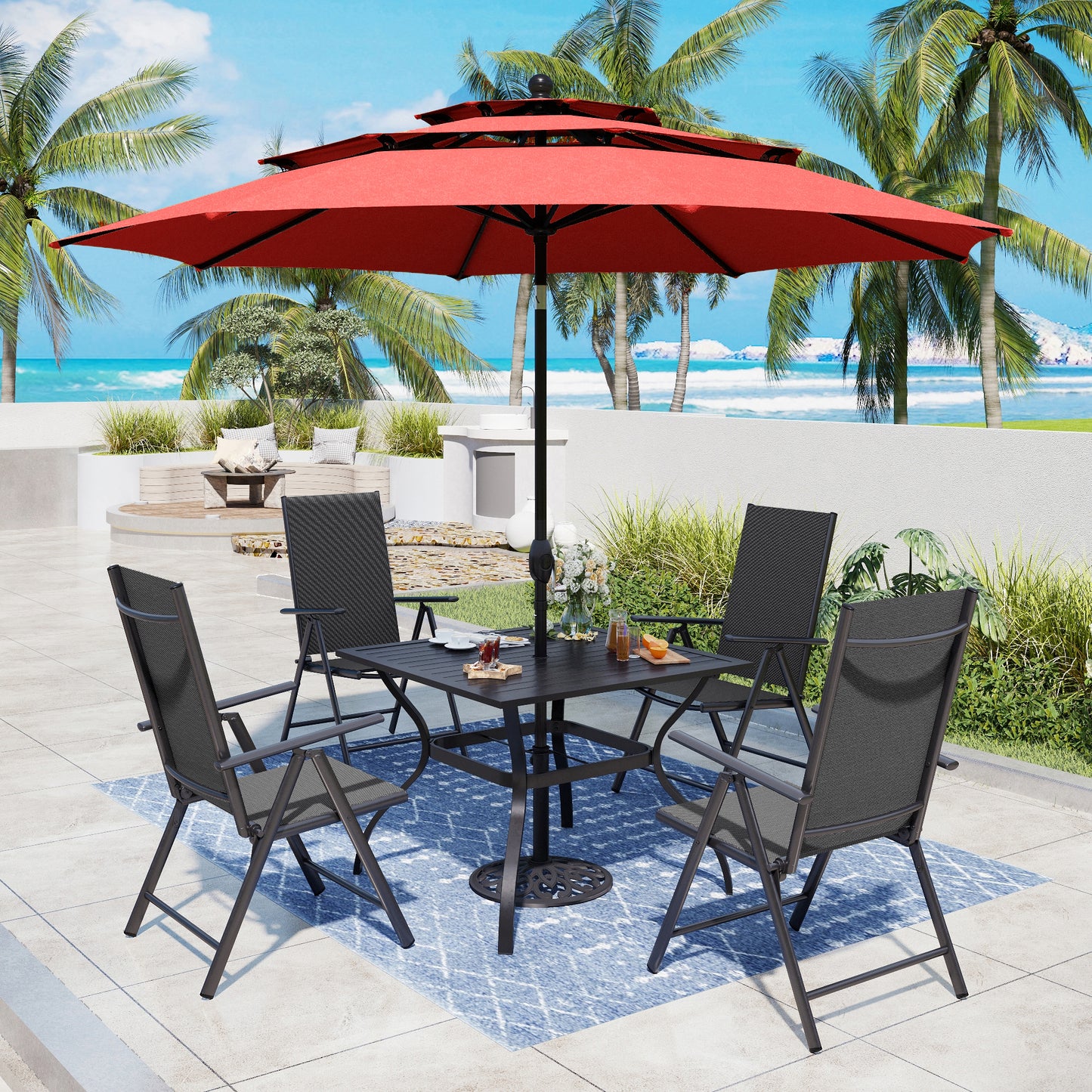 Captiva Designs 6pc Patio Slat-top Square Table & Textilene Reclining Foldable Chairs & Market Umbrella