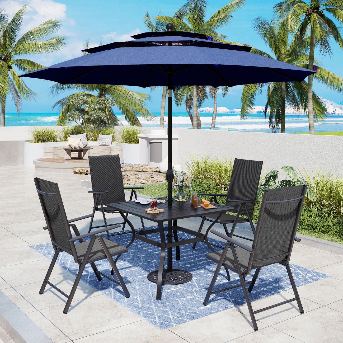 Captiva Designs 6pc Patio Slat-top Square Table & Textilene Reclining Foldable Chairs & Market Umbrella