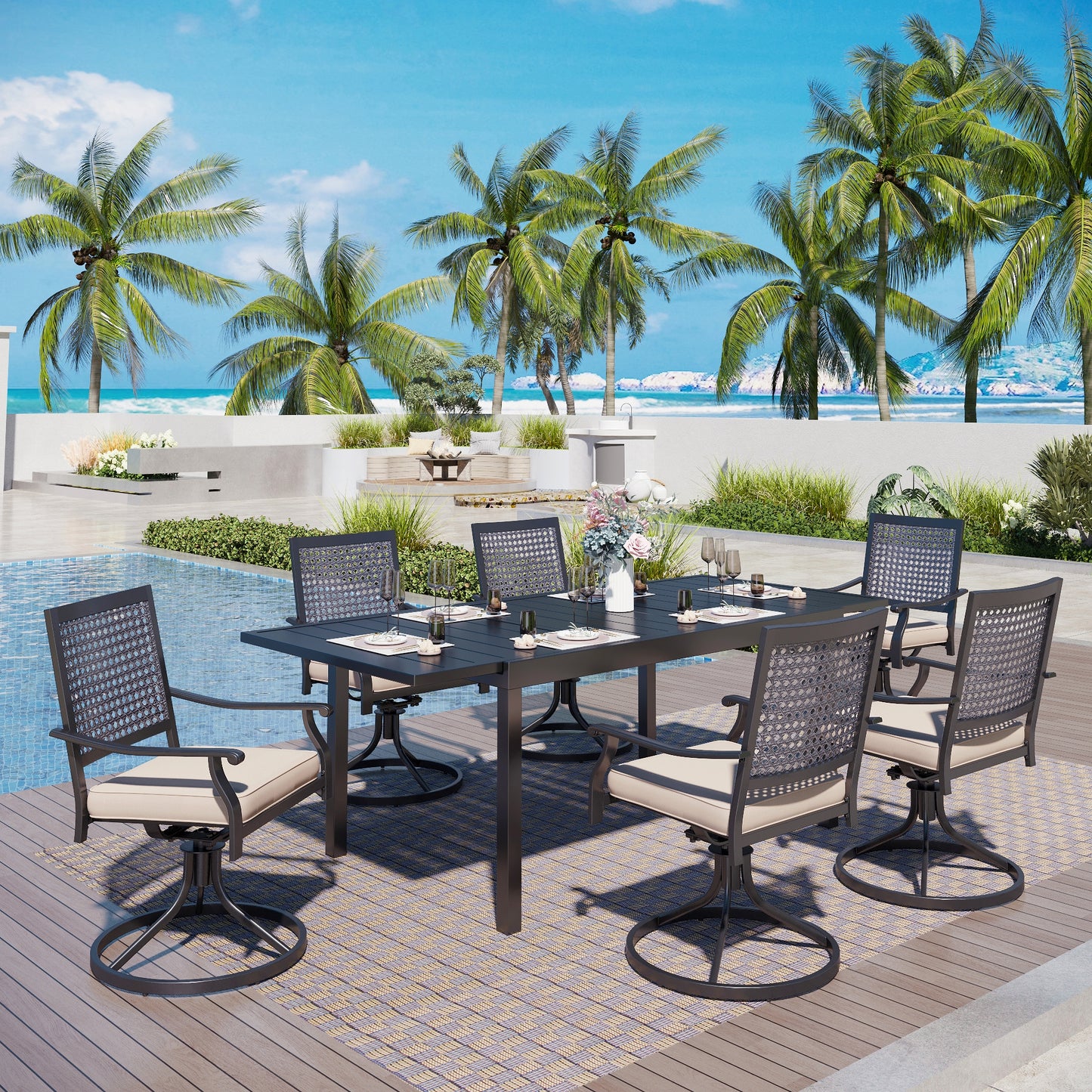Captiva Designs 7pc Patio Slat-top Rectangle Dining Steel Table & Armrest Metal Chairs