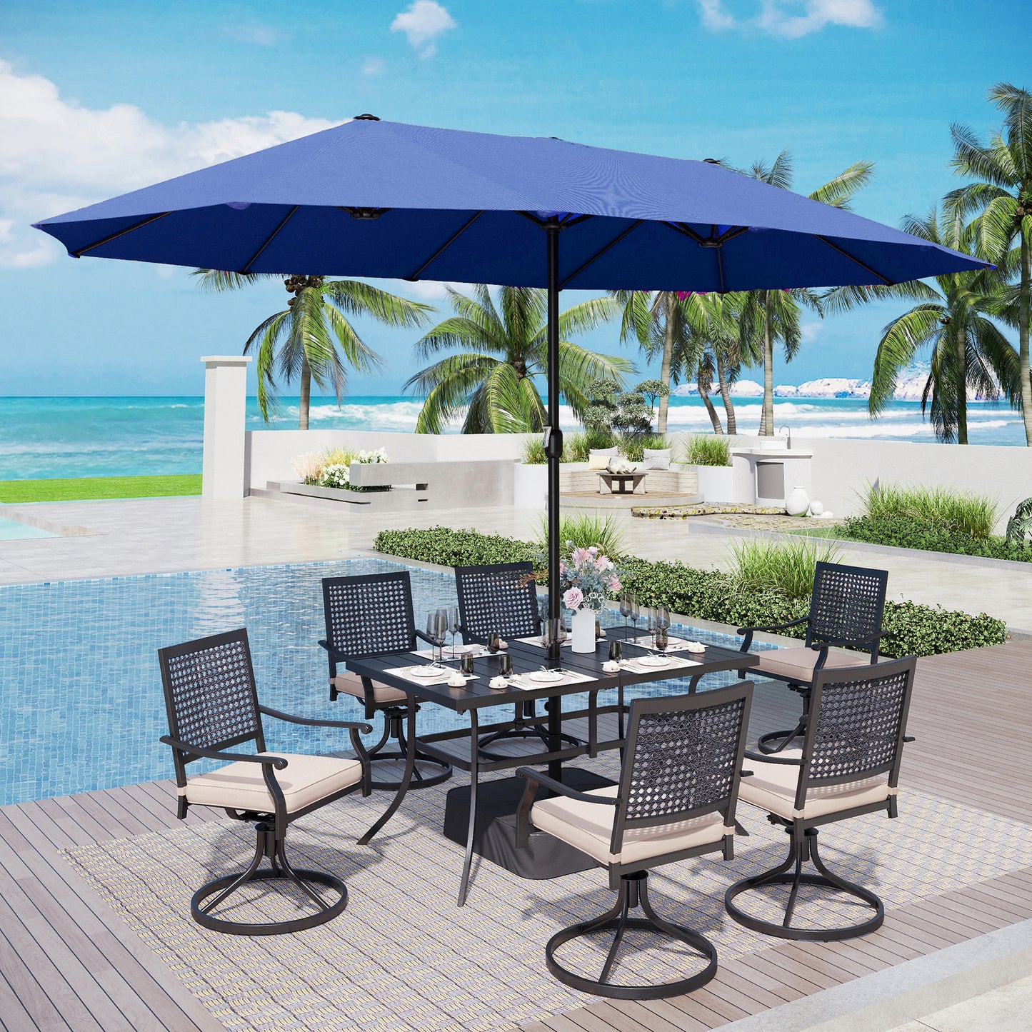 Captiva Designs 8pc Patio Dining Set with Rectangular Steel Table & Black Steel Chairs & Market Umbrella