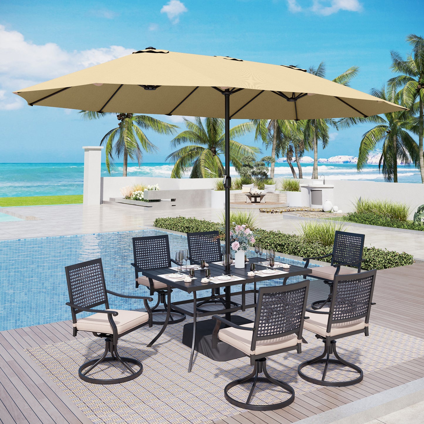 Captiva Designs 8pc Patio Dining Set with Rectangular Steel Table & Black Steel Chairs & Market Umbrella