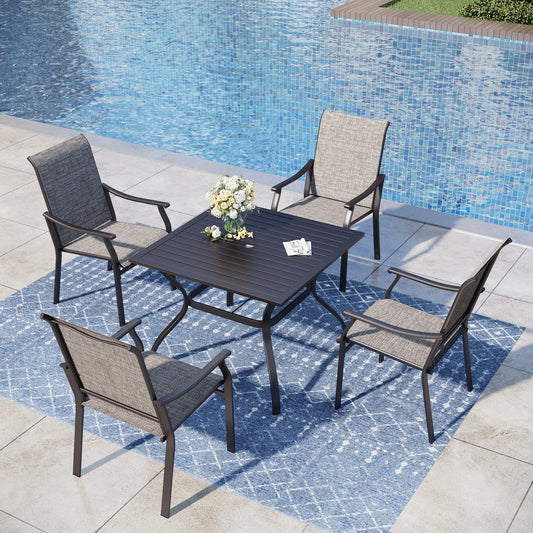 Captiva Designs 5pc Outdoor Dining Steel Table with Umbrella Hole & Brown Textilene Arm Chairs