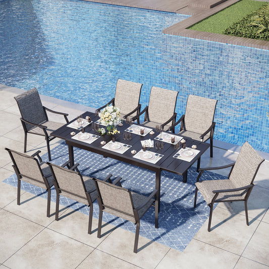 Captiva Designs 9pc Patio Dining Black Steel Rectangle Table & Brown Textilene Fixed Chairs