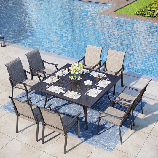 Captiva Designs 9pc Spacious Slat-top Square Metal Table with Umbrella Hole & Brown Textilene Fixed Chairs