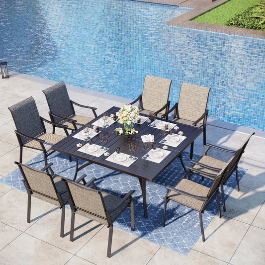 Captiva Designs 9pc Spacious Slat-top Square Metal Table with Umbrella Hole & Brown Textilene Fixed Chairs