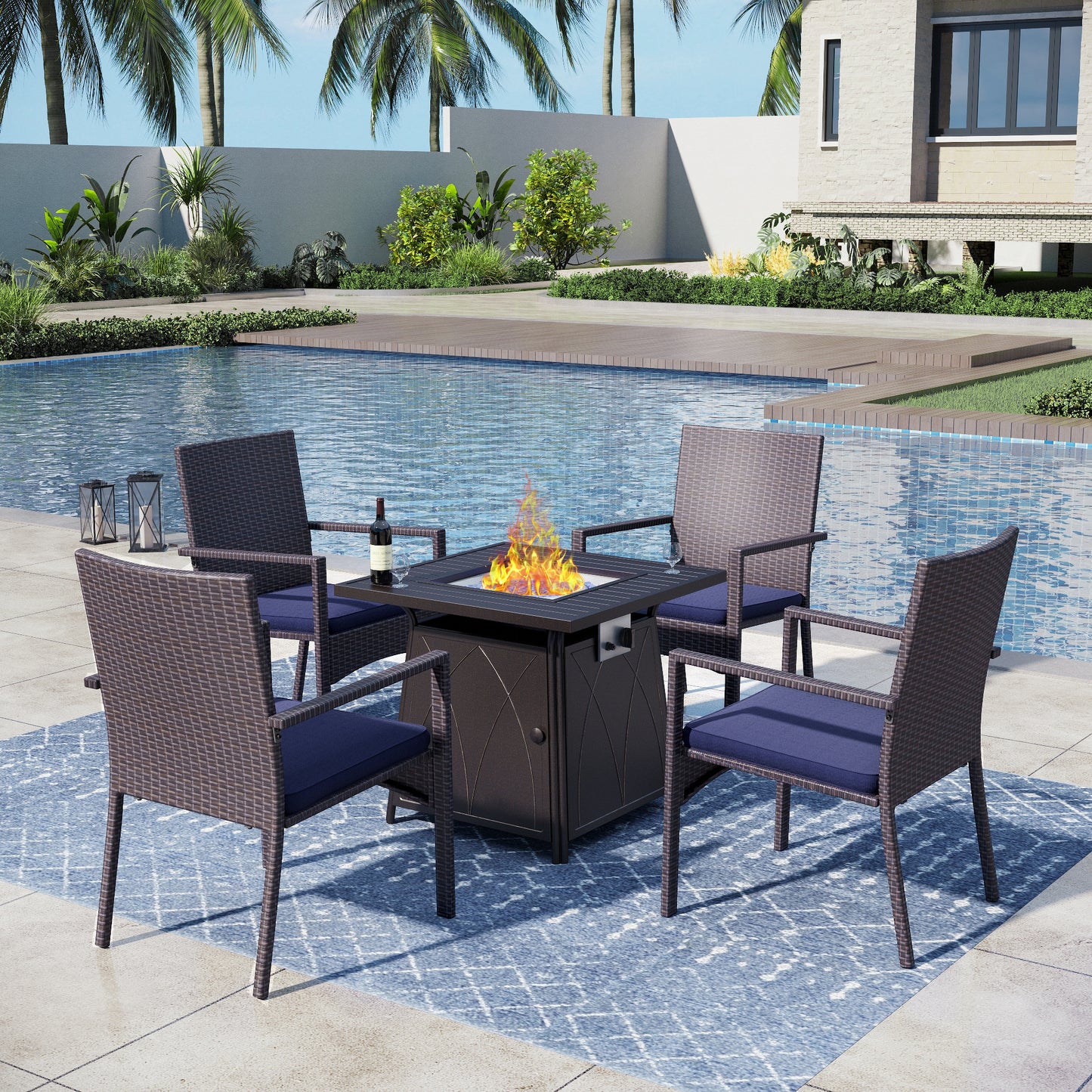 Captiva Designs 5pc Patio Dining Square Steel Fire Pit Table & Armrest Metal Frame Chairs