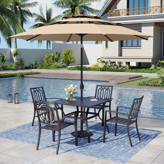 Captiva Designs 6 件套露台板顶方桌和可叠放固定椅子以及米色 10 英尺 3 层自动倾斜遮阳伞