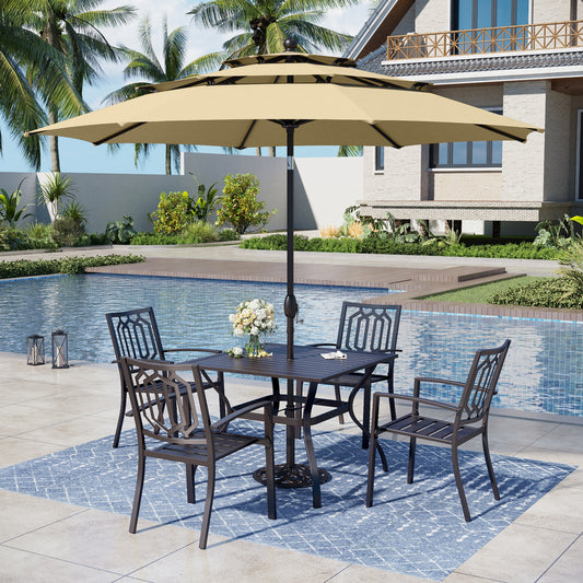 Captiva Designs 6pc Patio Square Table & Fusiform Back Metal Chairs & Beige Umbrella
