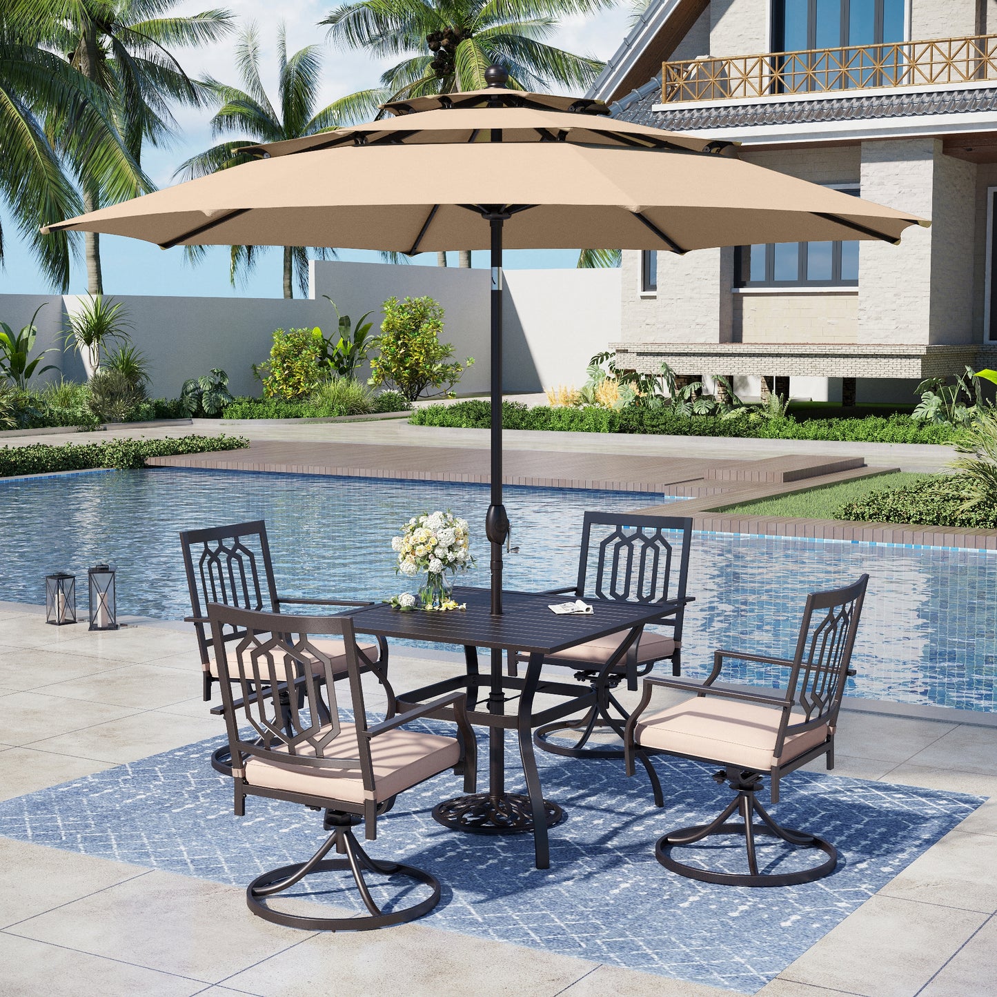 Captiva Designs 6pc Patio Square Table & Fusiform Back Metal Chairs & Beige Umbrella